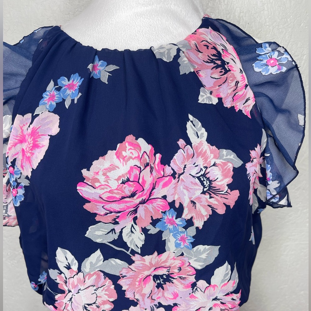 Navy Pink Floral Chiffon Maxi Dress Romantic Cottagecore Spring Wedding Guest Md - Picture 5 of 14